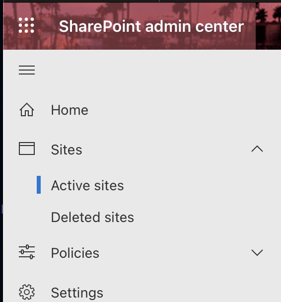 Share Point admin center - Sites - Active Sites